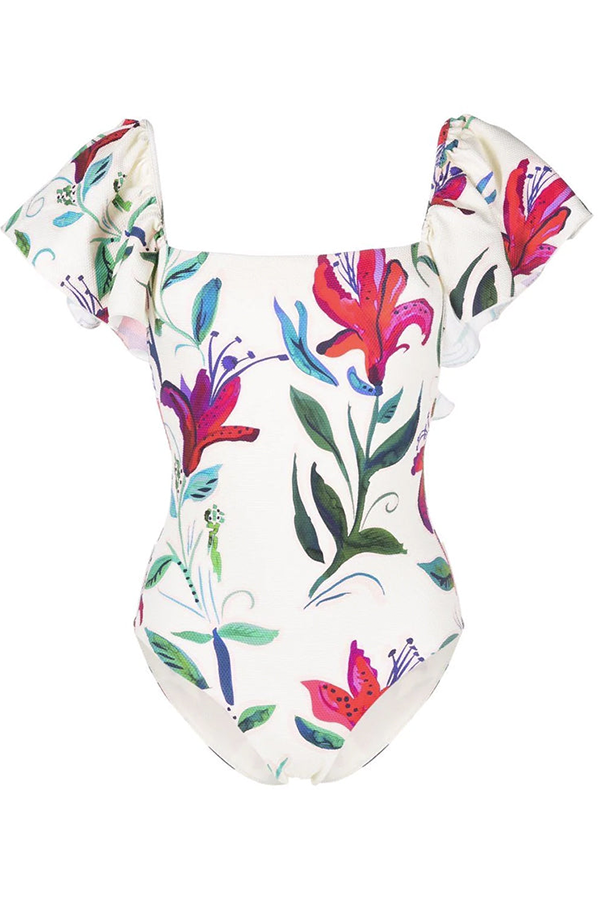 Open-back Ruffled Floral Print Swimsuit