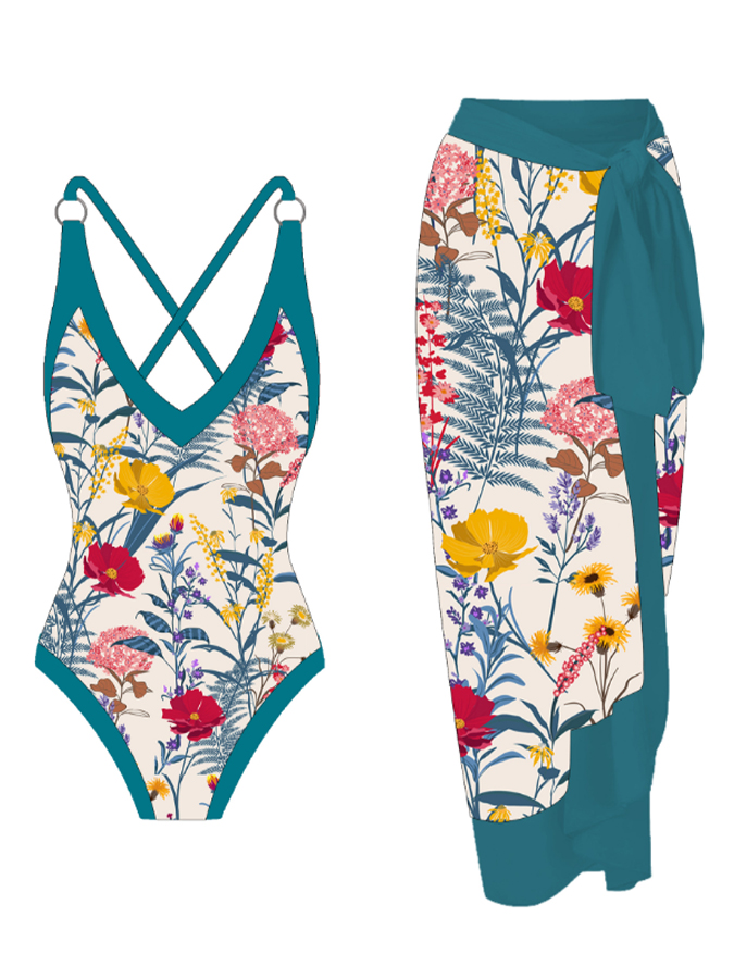V-neck Hollow Printed Fashion One-Piece Swimsuit