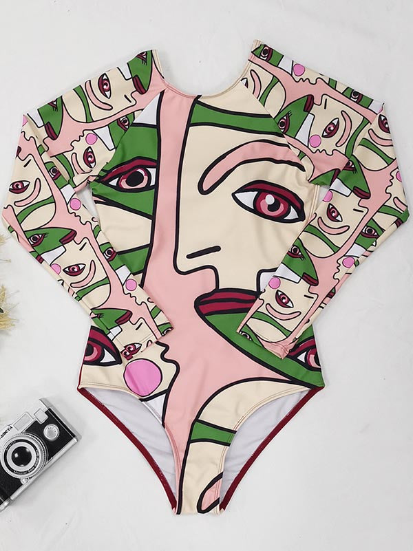 Abstract Print Long Sleeve Backless Wetsuit