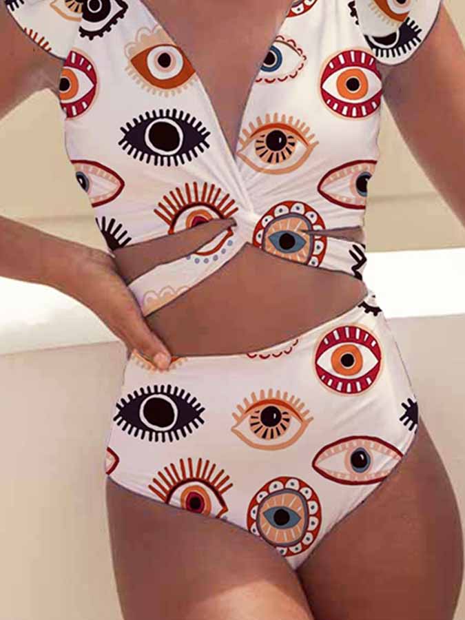 Fashion Deep V Neck Ruffle Print Split Swimsuit