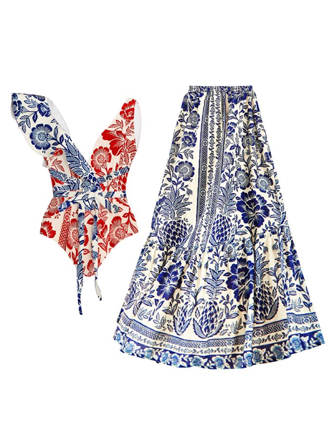 Ruffled Colorblock Print Swimsuit Set