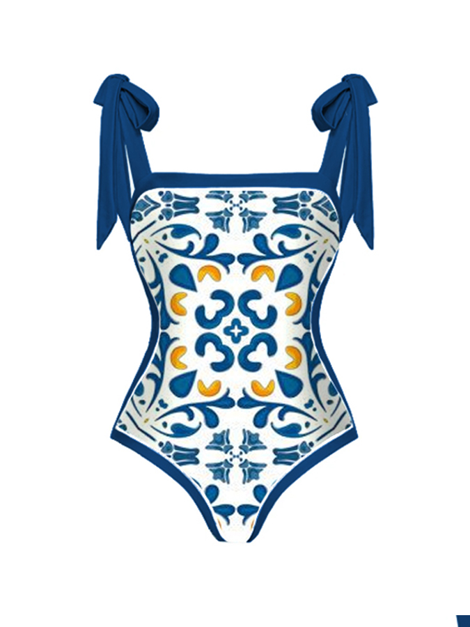 Blue and White Geometric Pattern One Piece Swimsuit And Cover Up