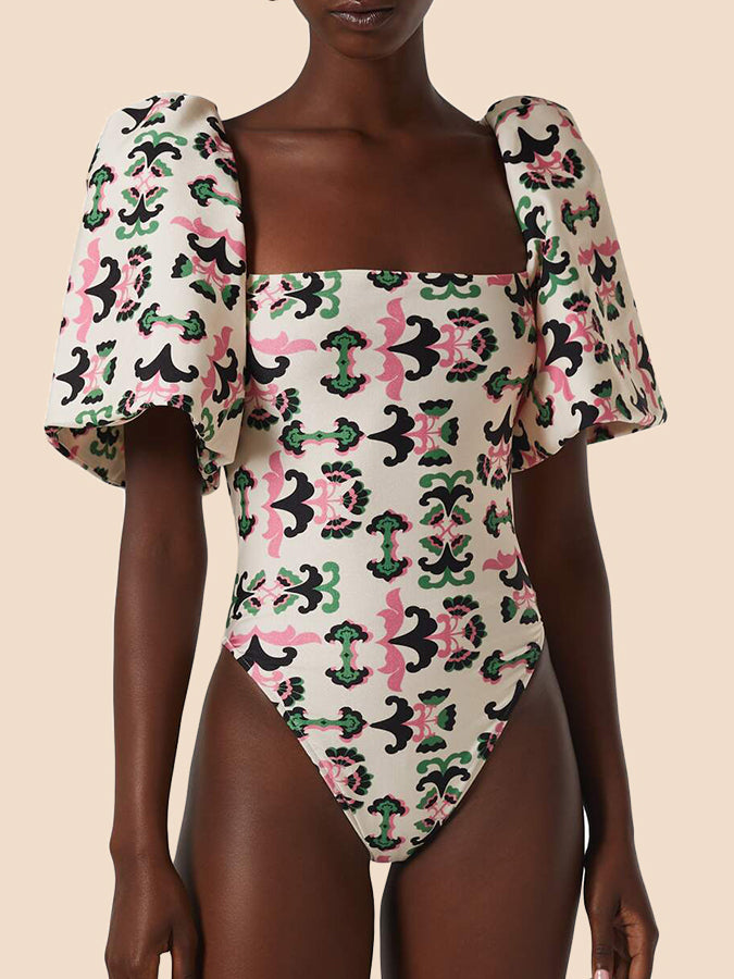 Print Twisted Flower Puff Sleeve Swimsuit