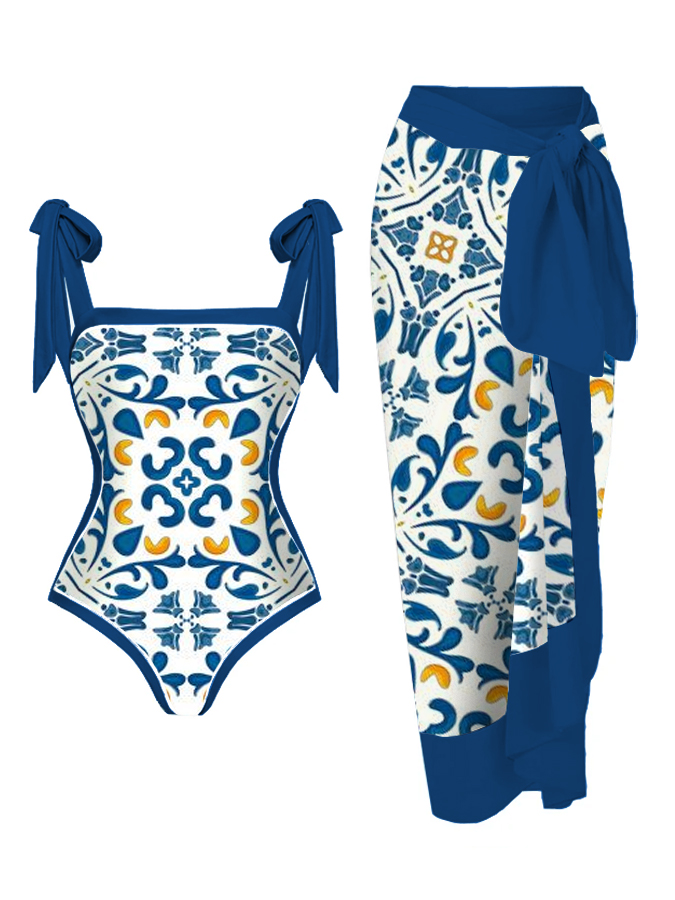 Blue and White Geometric Pattern One Piece Swimsuit And Cover Up
