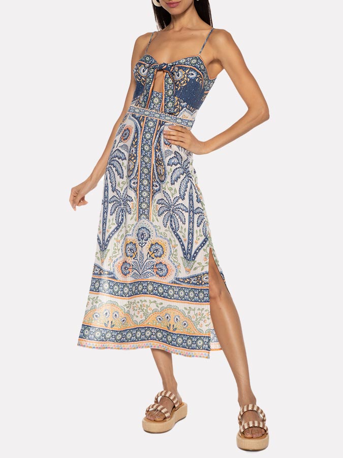 Vintage Ethnic Print One-Piece Swimsuit and Skirt
