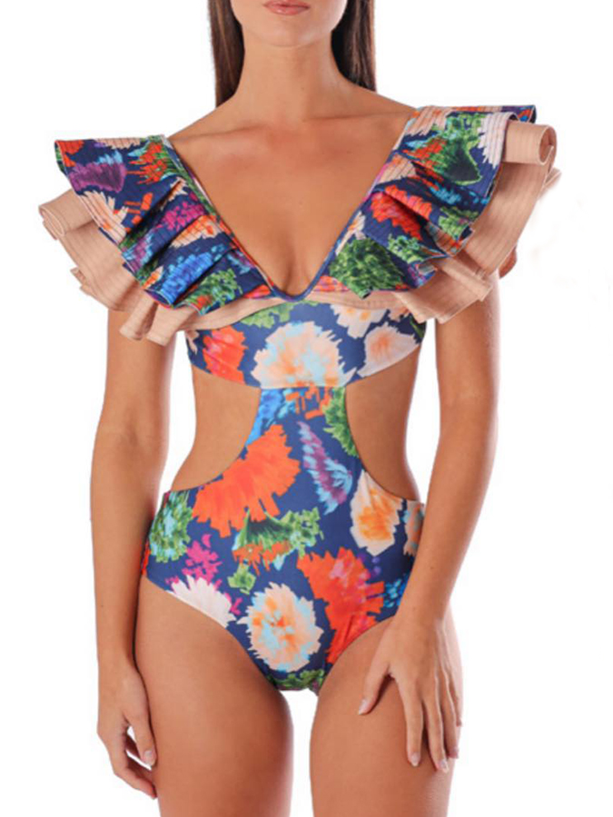 Floral Print One Piece Swimsuit and Cover Up