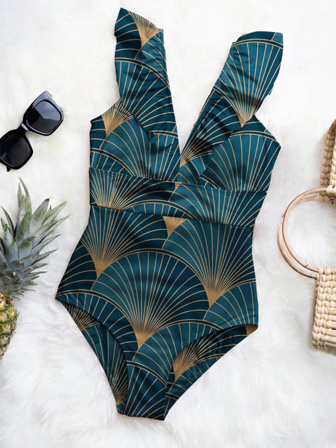 Green Print Ruffle One-Piece Swimsuit
