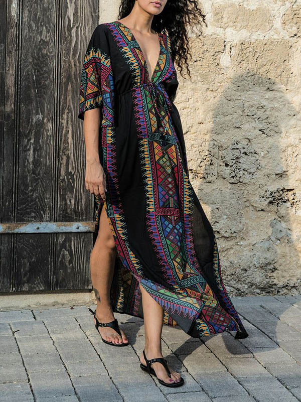 Ethnic Printed Flared Sleeves Cover-Ups Tops