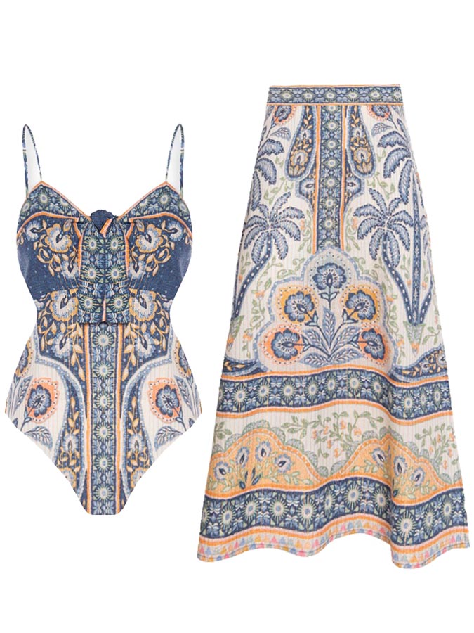 Vintage Ethnic Print One-Piece Swimsuit and Skirt