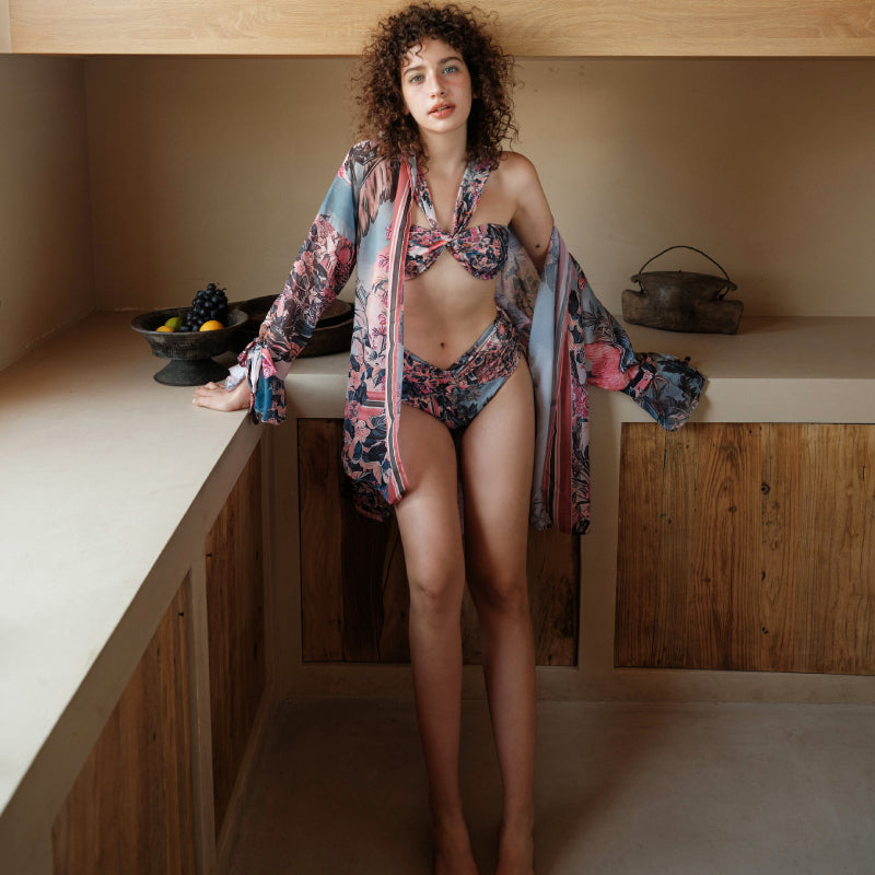 Off Shoulder Ruched Printed Bikini Swimsuit and Cardigan