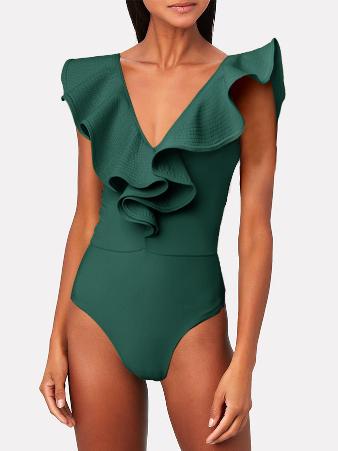 Solid V-Neck Cutout One-Piece Swimsuit