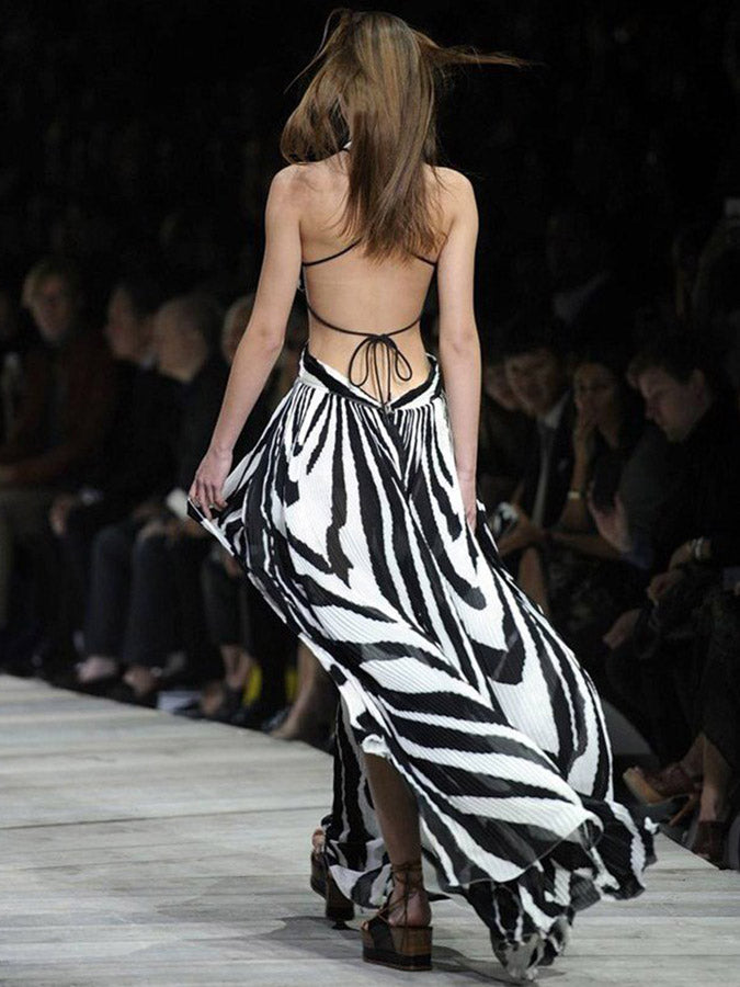 Fashion Colorblock Zebra Print Backless Sexy Bikini Beach Dress