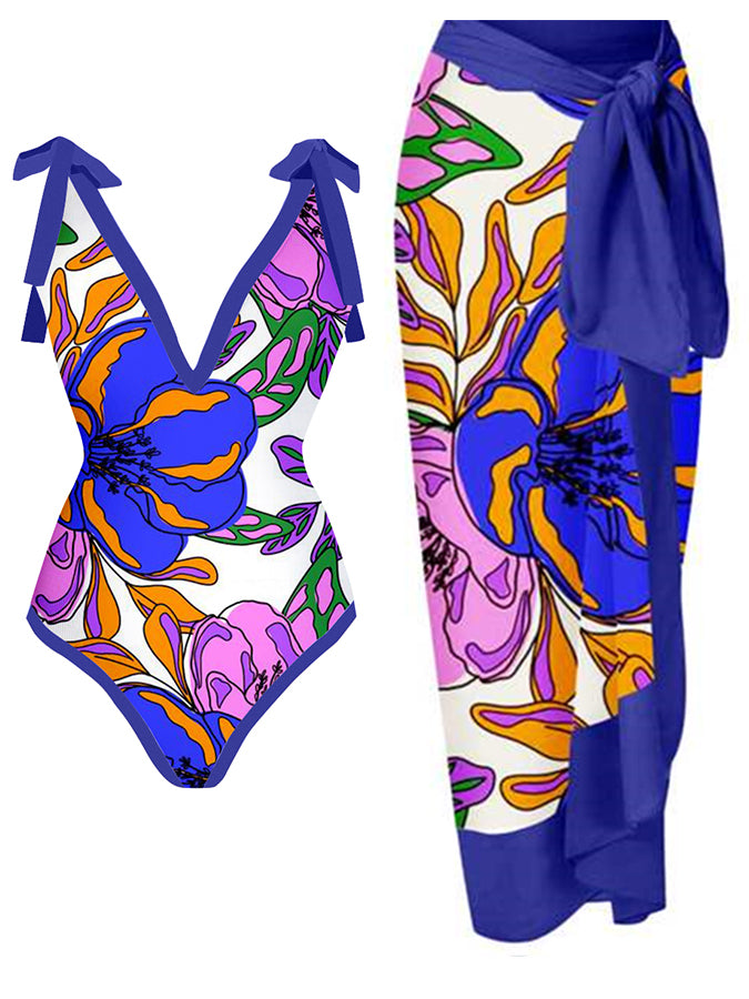 Printed Lace Up Chic One Piece Swimsuit & Coverup