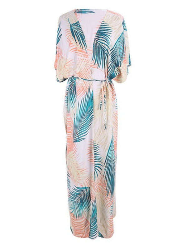Colorful Leaf Printing Cardigan Loose Vacation Beach Cover-Up Swimwear