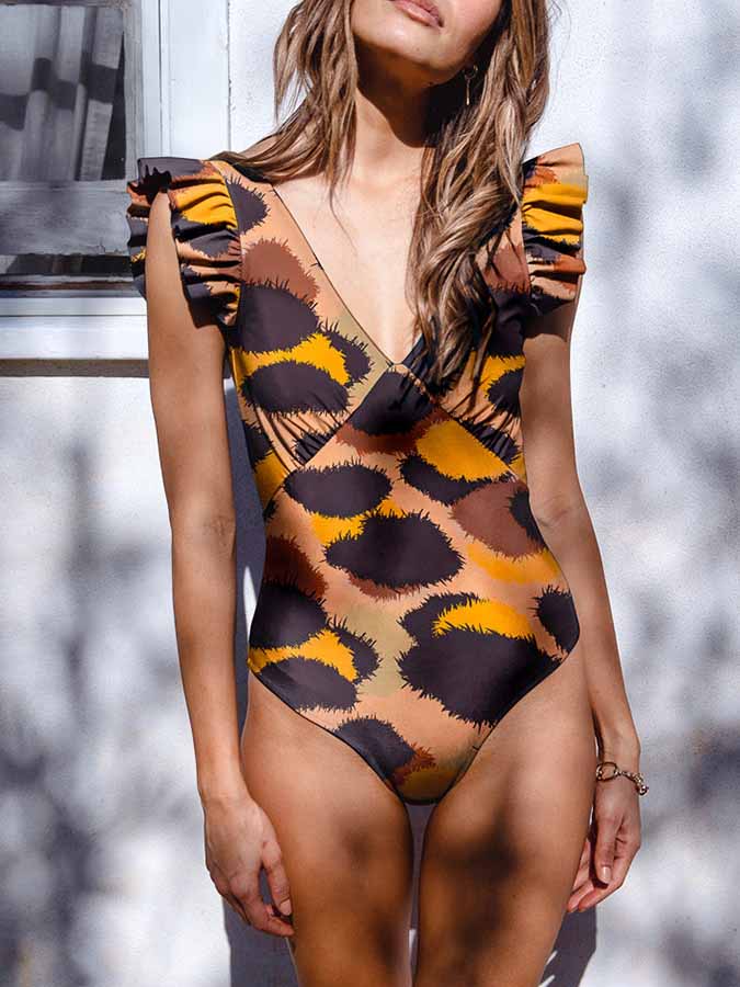 Deep V Leopard Print Ruffle One-Piece Swimsuit