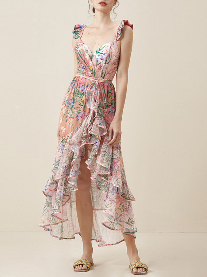Floral Print One Piece Swimsuit and Mesh Splicing Sarong