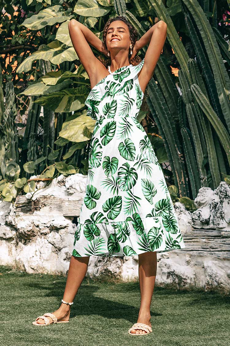 Violet Tropical One Shoulder Ruffle Dress