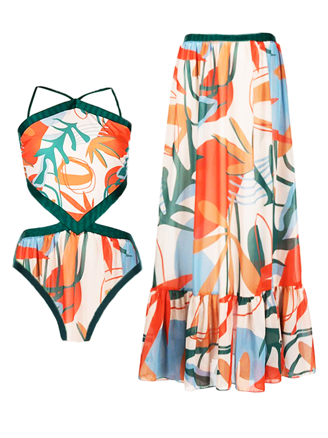 Floral Print One Piece Swimsuit and Skirt