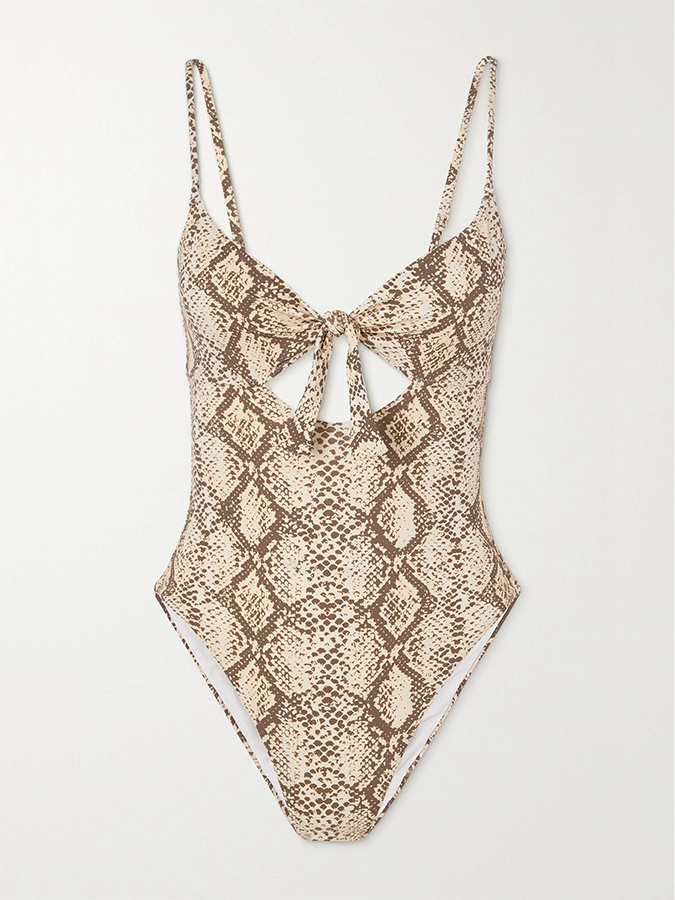 Tie-detailed Cutout Snake Print Swimsuit