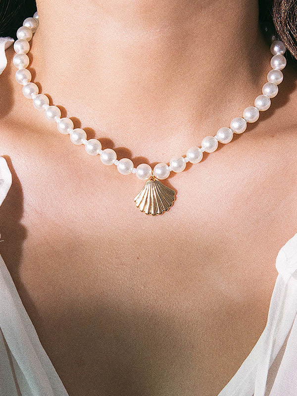 Simple Single-Layer Geometric Round Bead Scallop Necklace