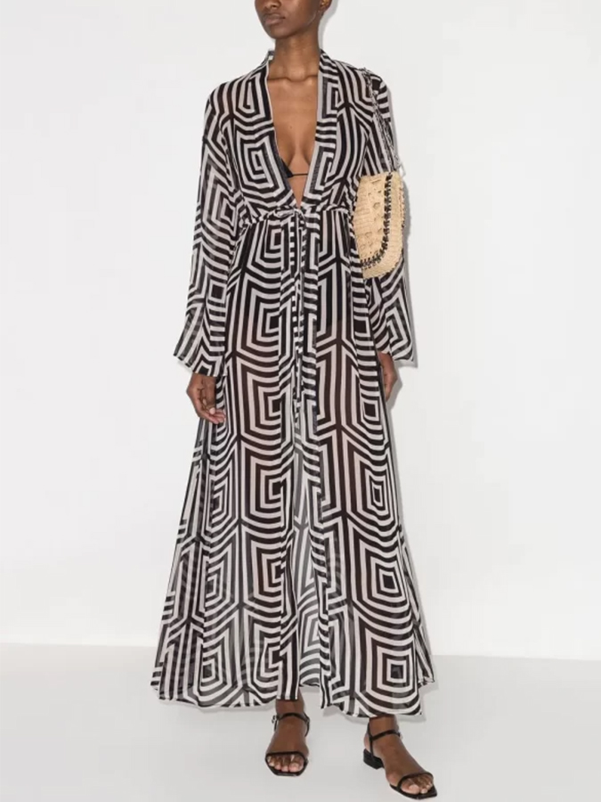 Geometric Print Bikini and Kimono