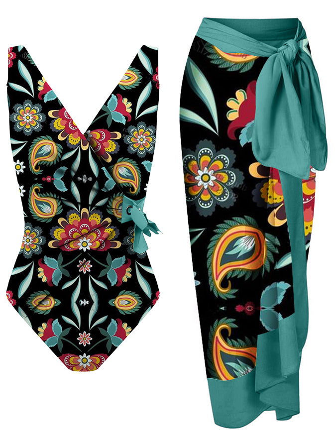 Print Collar Wrap Fashion One Piece Swimsuit