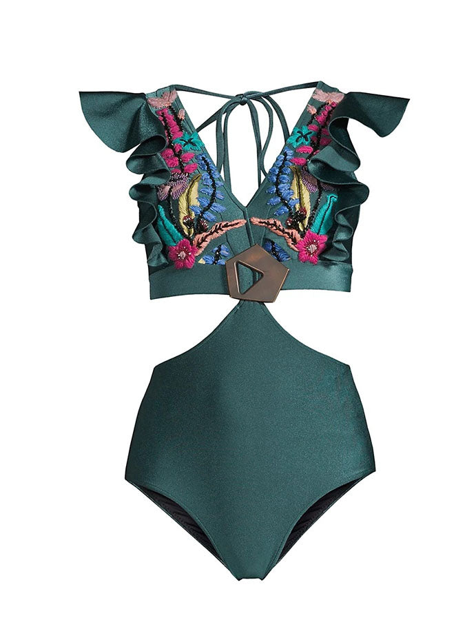 V Neck Ruffled Embroidered One-Piece Swimsuit