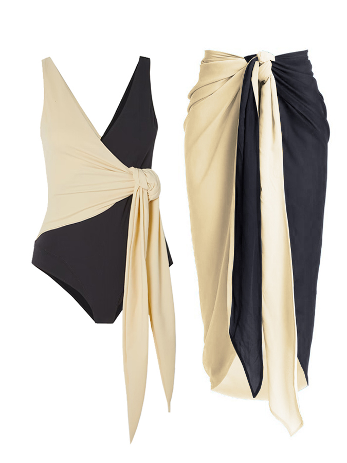 Black Beige Color Block One-Piece Swimsuit And Cover up