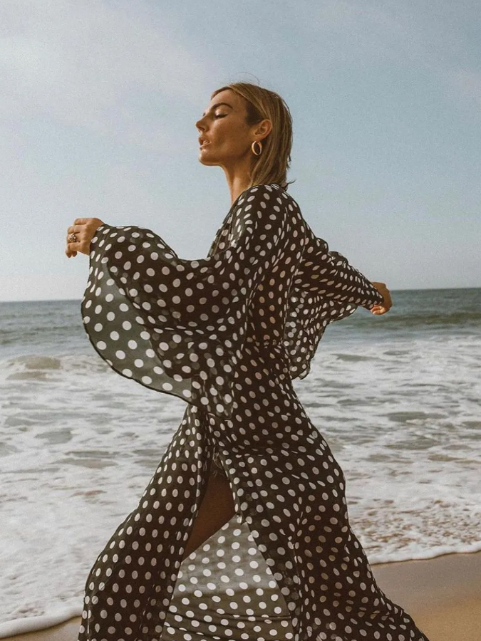Polka-dot print one piece swimsuits and kimonos