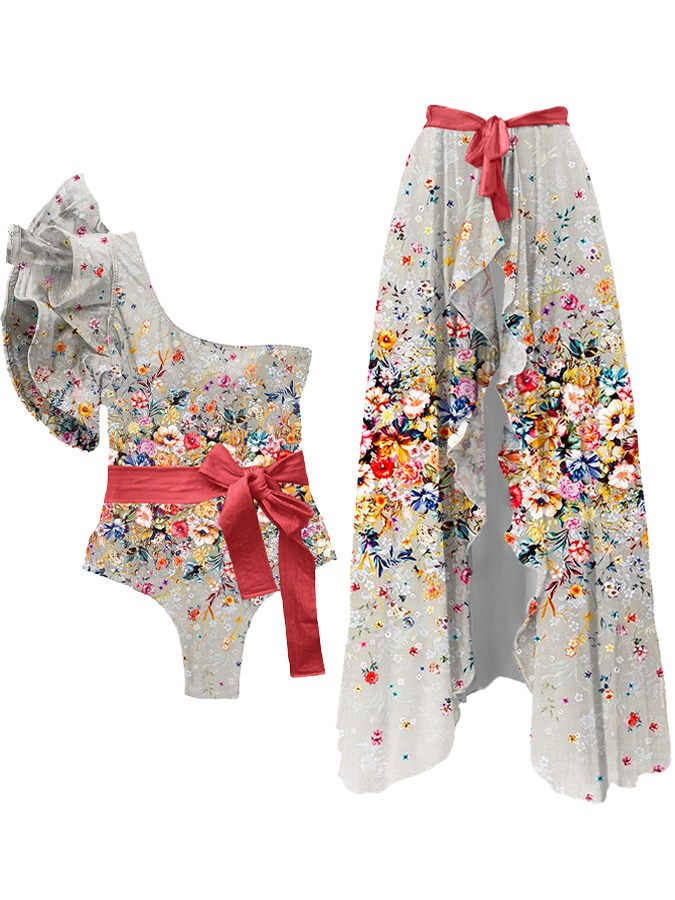 Ruffled Floral Print Colorblock One-Piece Swimsuit and Cover-up