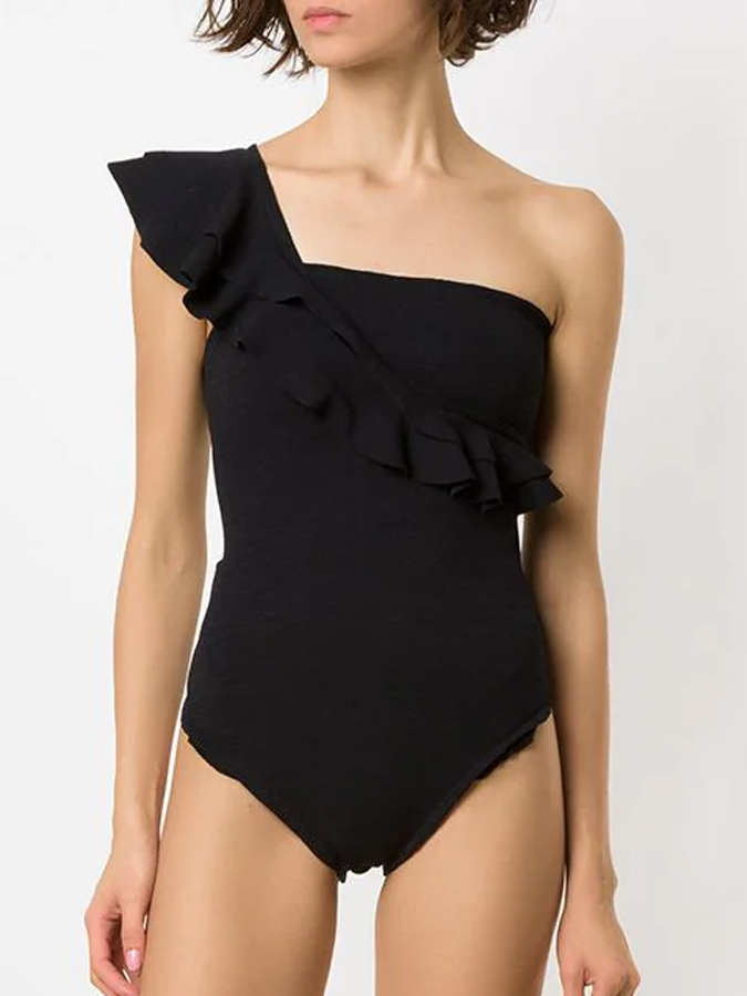 Plain One Shoulder Ruffled One-Piece Swimsuit And Cover Up