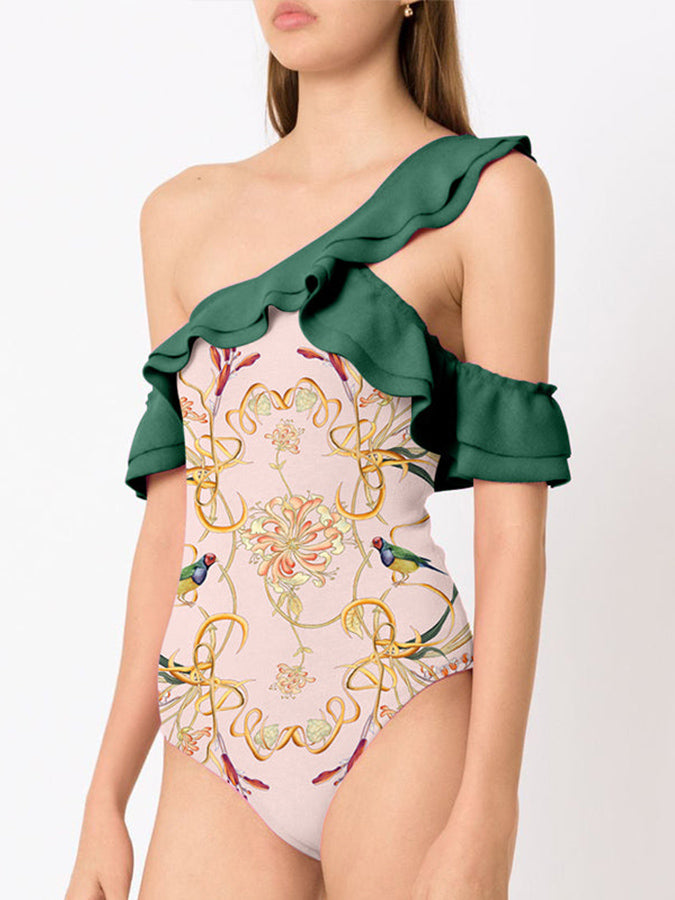 Ruffled Colorblock Print One Piece Swimsuit and Cover Up