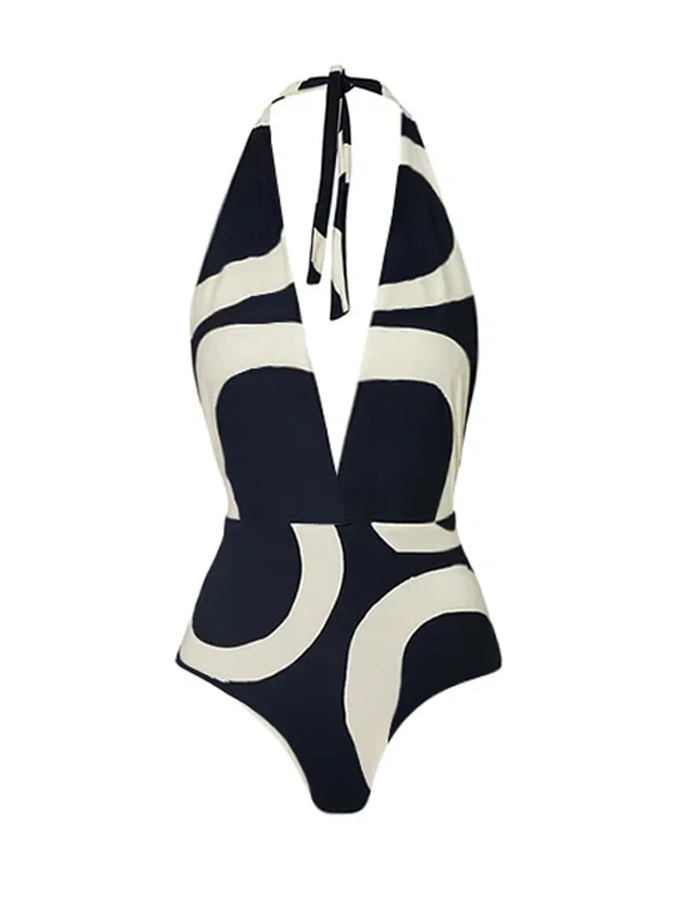 Halter V Neck Printed One Piece Swimsuit and Cover Up