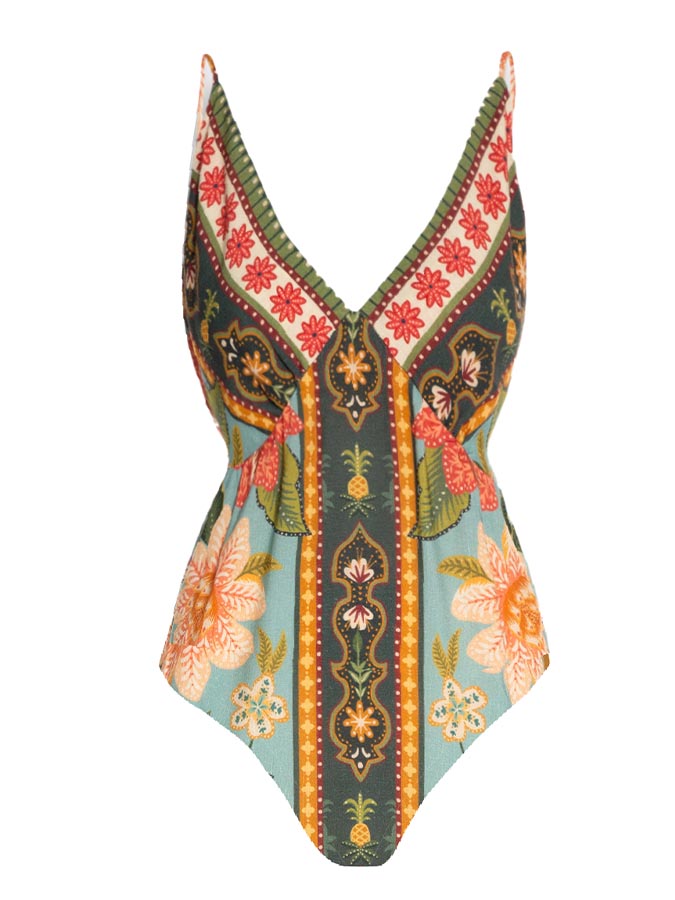 V Neck Vintage Print Swimsuit and Skirt
