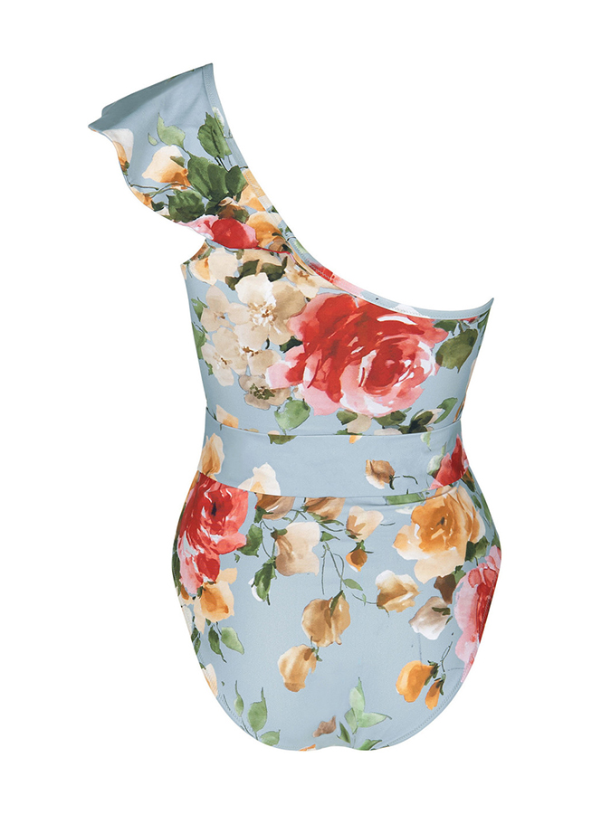 One-shoulder Ruffle Floral Print Swimsuit and Cover Up