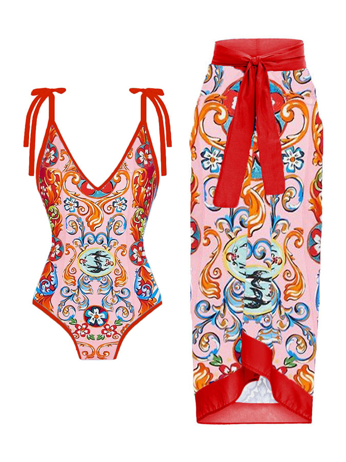 Vintage Print One Piece Swimsuit and Cover Up