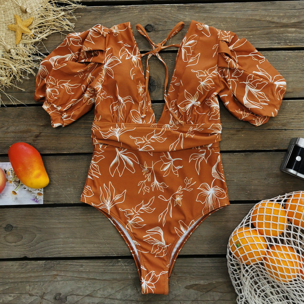 V Neck Puff Sleeve Backless One Piece Swimsuit