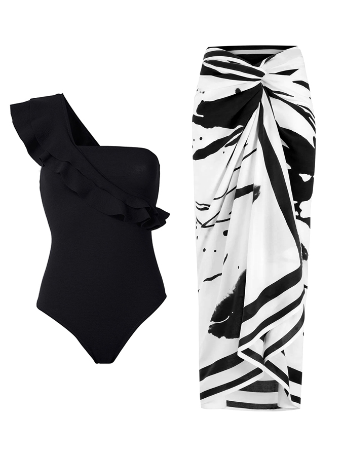 Plain One Shoulder Ruffled One-Piece Swimsuit And Cover Up