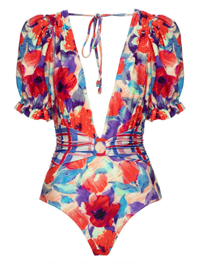 Fashion V-Neck Floral Oil Painting Print One Piece Swimsuit Set