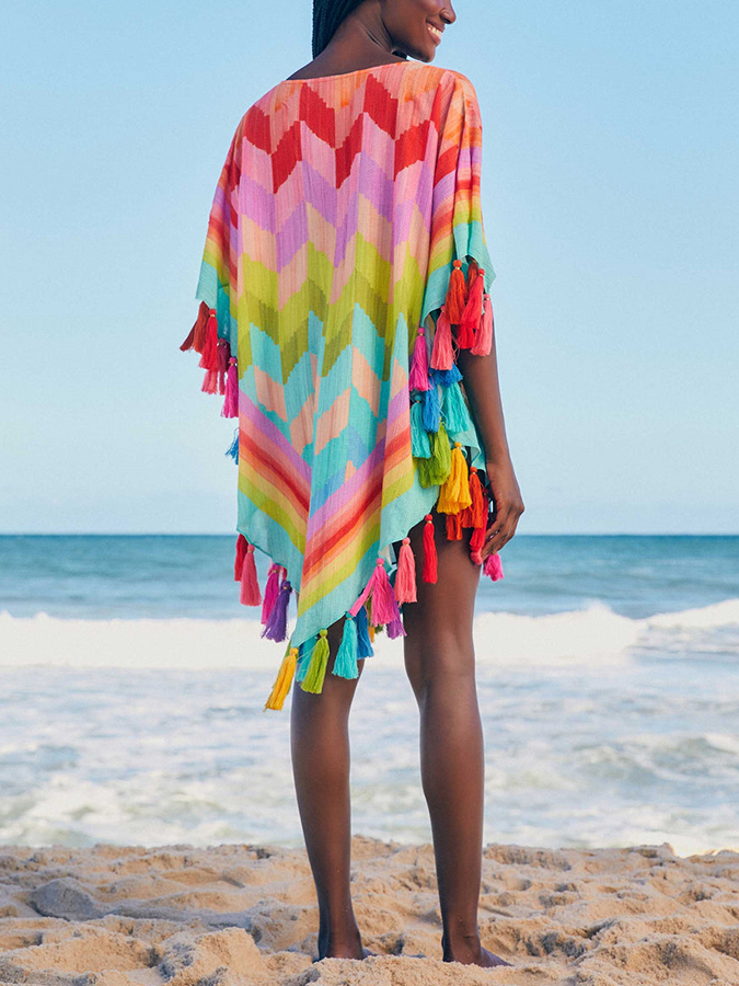 Fashion Rainbow Colorblock Beach Bikini Fringe Set