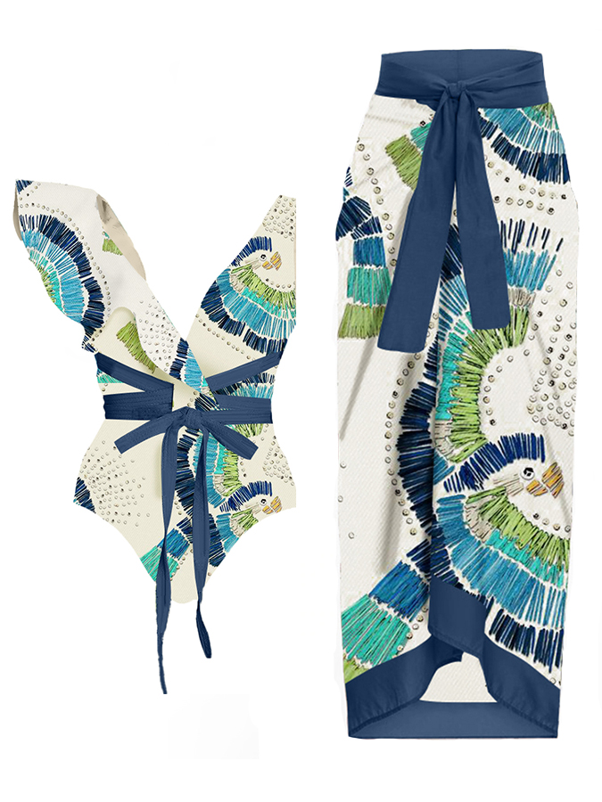 V-Neck Ruffled Vintage Embroidered Print Swimsuit Set