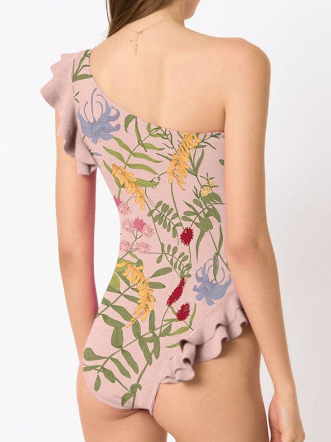 One-Shoulder Ruffled Printed Swimsuit Set