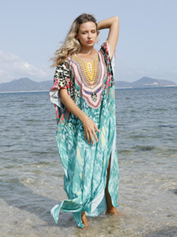 Half Sleeve V-Neck Floral Printed Split-Side Cover-Up Swimwear