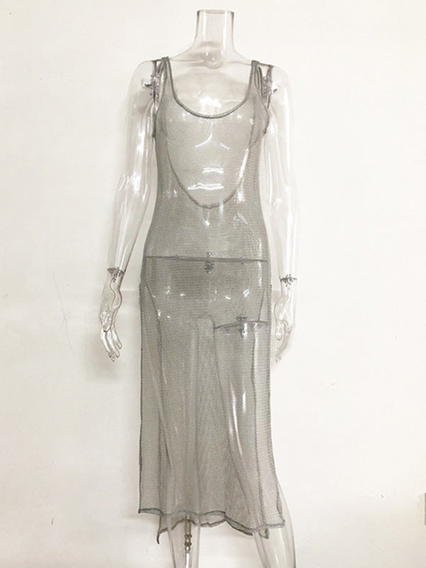 Spaghetti-Neck See-Through Split-Side Solid Color Sexy Beach Cover-Up 