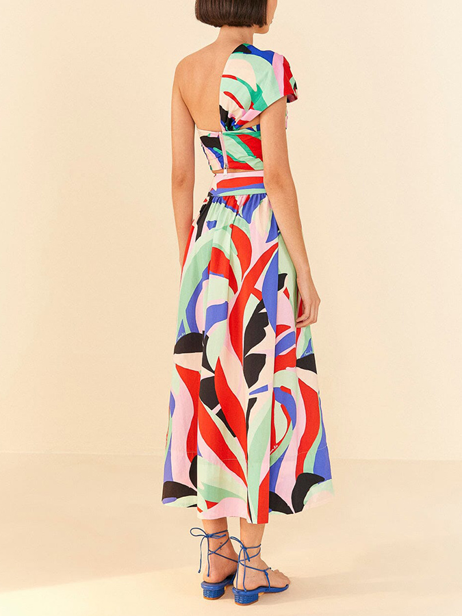 Vintage Colorblock Print Beach Bikini and Skirt