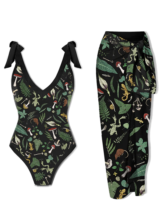 Mushroom Forest Printed Halter One Piece And Skirt