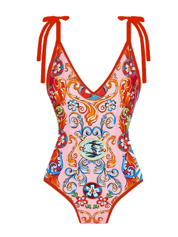 Vintage Print One Piece Swimsuit and Cover Up