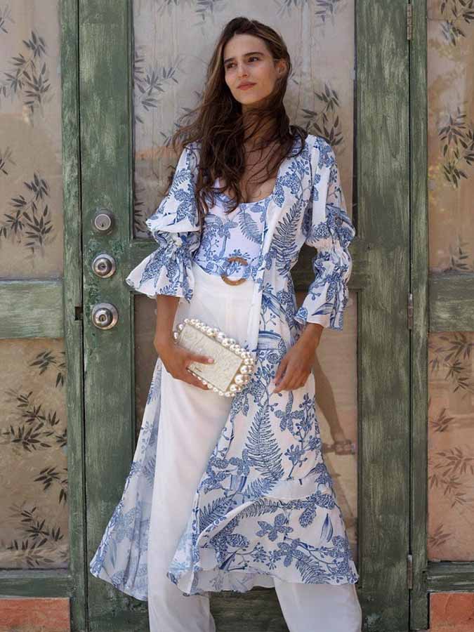 Ring Belt Printed One Piece Swimsuit and Flared Sleeve Chiffon Cover Up