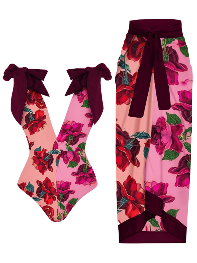 Ruffled Floral Colorblock Print One-Piece Swimsuit and Cover-up