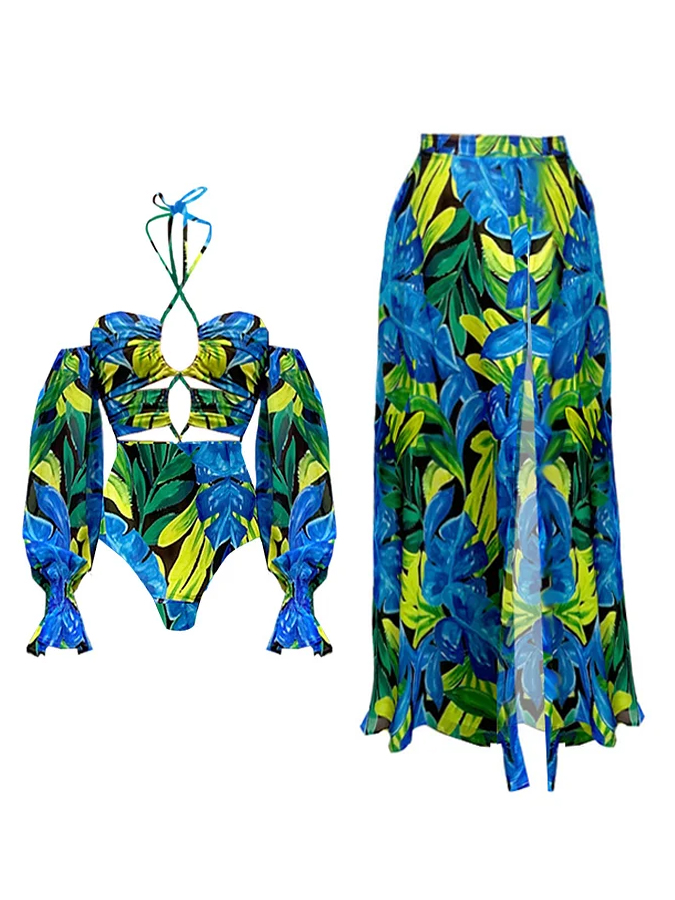 Halter Lace Up Printed One Piece Swimsuit And Beach Skirt